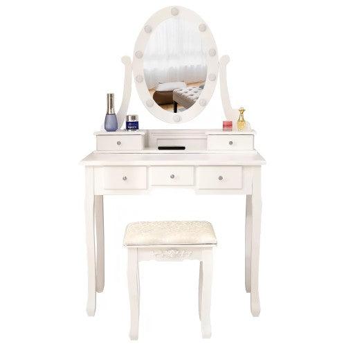 Makeup Vanity Set, Dressing Table with Cushioned Stool, 360-Degree Rotating Mirror w/ LED Lights, 2 Storage Boxes, 3 Drawers (White)_MSW - Toytexx Makeup Vanity Set, Dressing Table with Cushioned Stool, 360-Degree Rotating Mirror w/ LED Lights, 2 Storage Boxes, 3 Drawers (White)_MSW - Toytexx